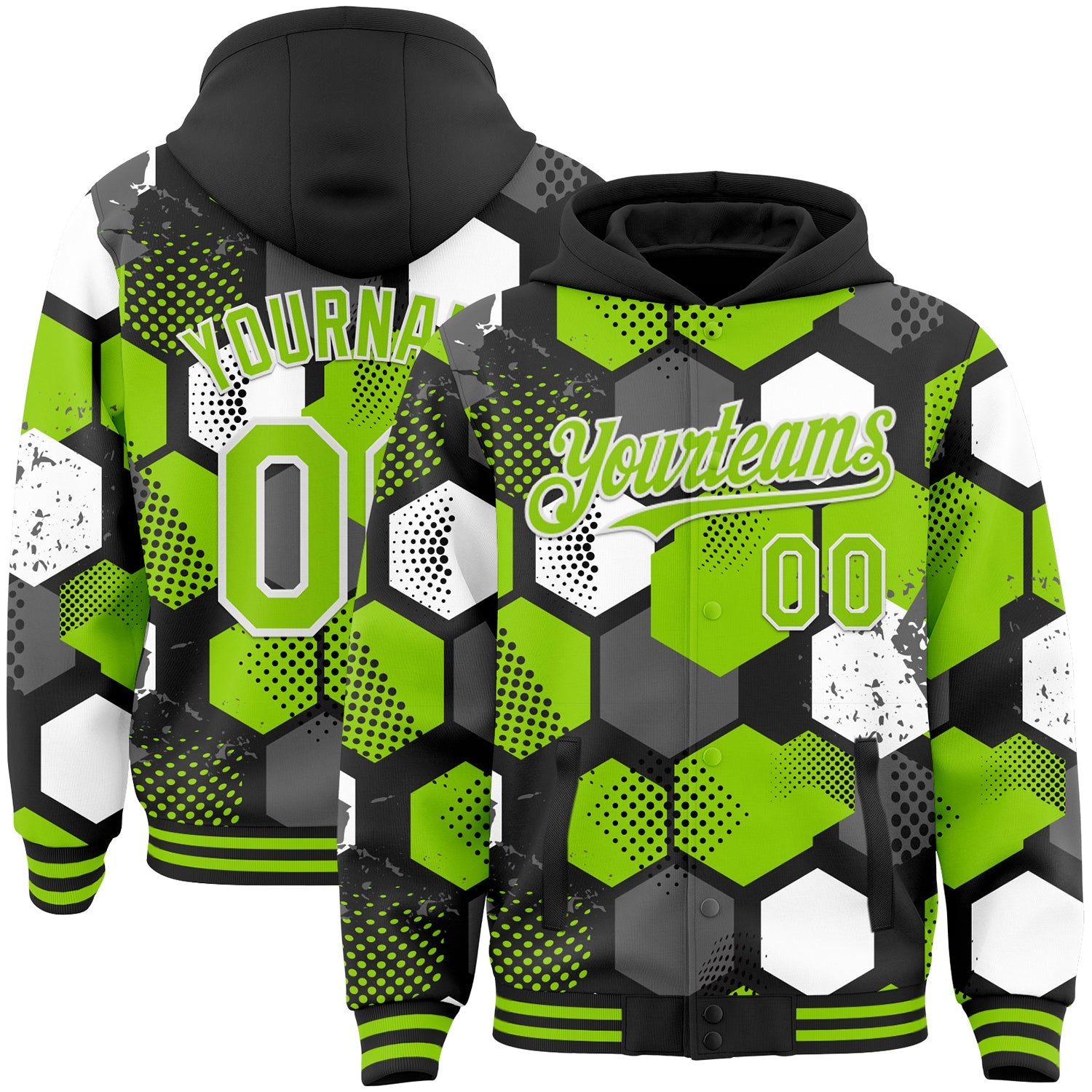 Custom Black Neon Green-White Geometric Shape Bomber Full-Snap Varsity Letterman Hoodie Jacket - Main View