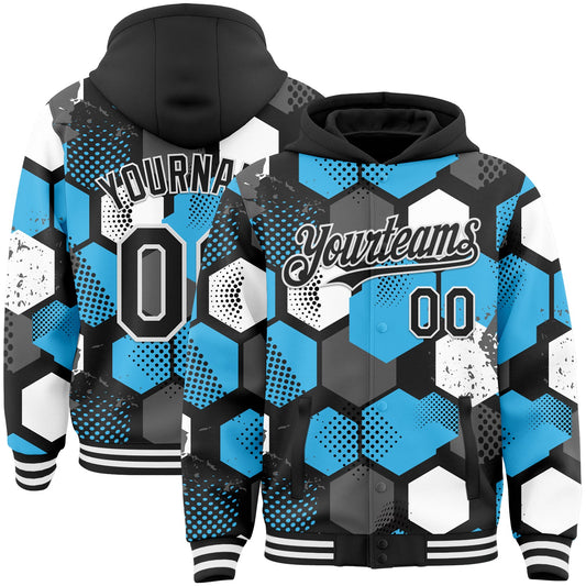 Custom Black Sky Blue-White Geometric Shape Bomber Full-Snap Varsity Letterman Hoodie Jacket - Main View