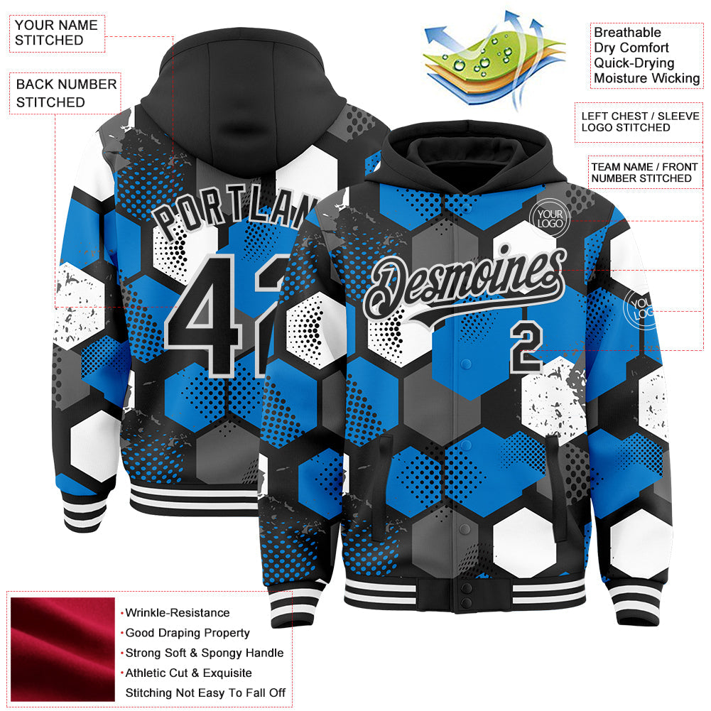 Custom Black Powder Blue-White Geometric Shape Bomber Full-Snap Varsity Letterman Hoodie Jacket view 4