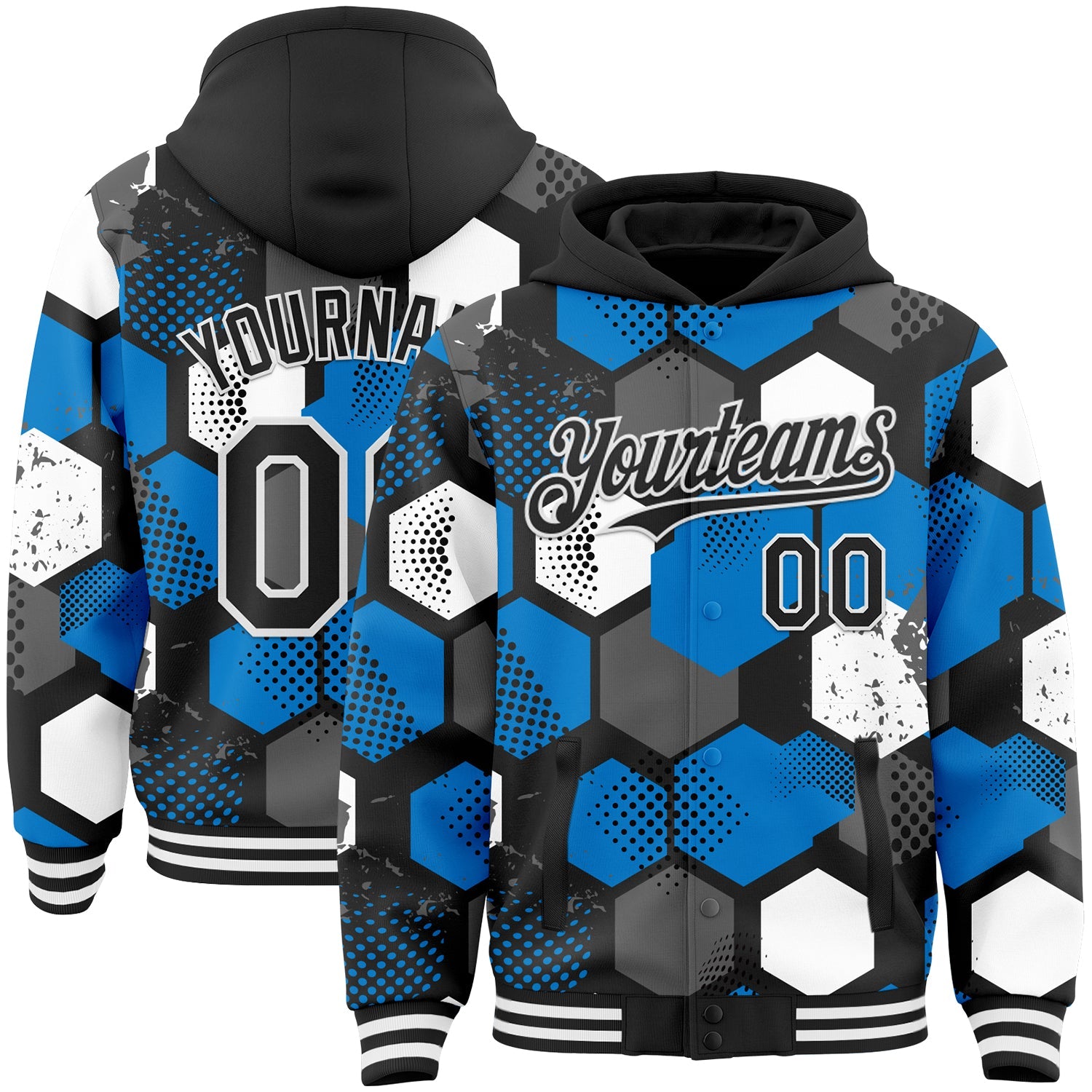 Custom Black Powder Blue-White Geometric Shape Bomber Full-Snap Varsity Letterman Hoodie Jacket - Main View