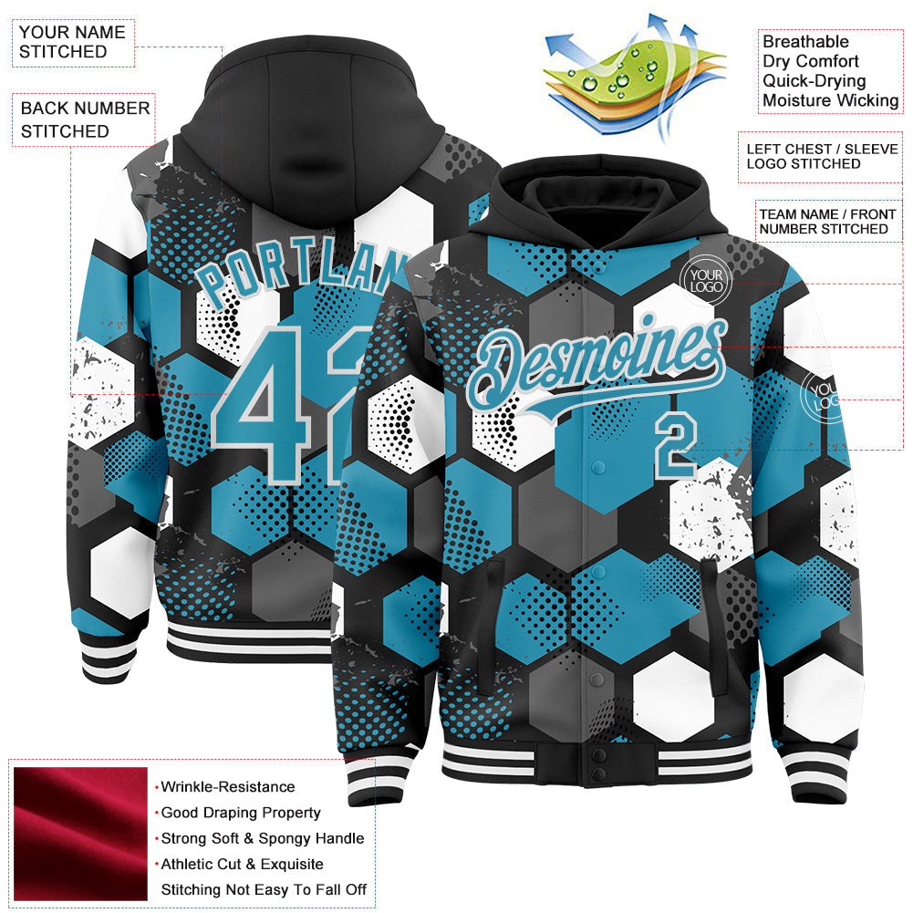 Custom Black Panther Blue-White Geometric Shape Bomber Full-Snap Varsity Letterman Hoodie Jacket view 4