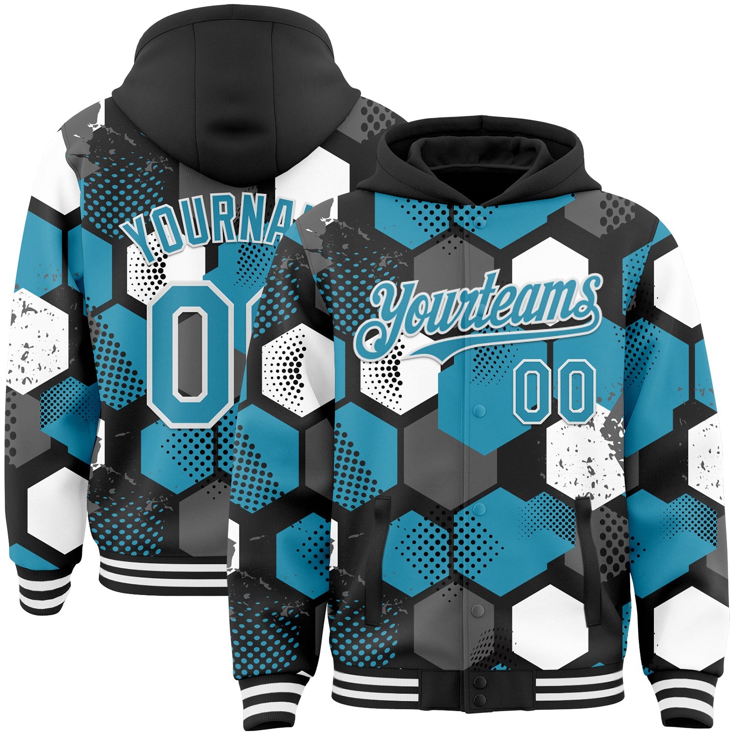 Custom Black Panther Blue-White Geometric Shape Bomber Full-Snap Varsity Letterman Hoodie Jacket - Main View