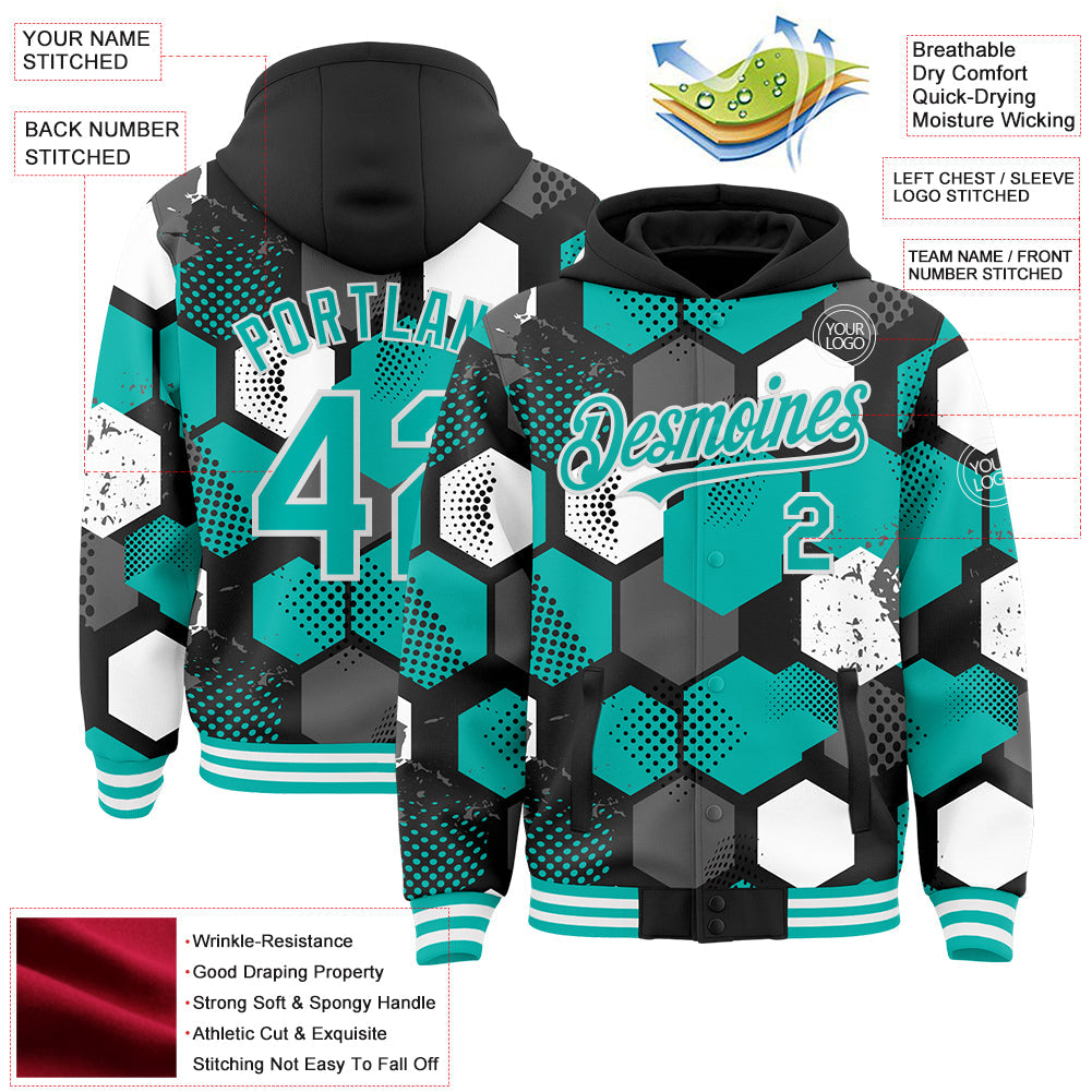 Custom Black Aqua-White Geometric Shape Bomber Full-Snap Varsity Letterman Hoodie Jacket view 4