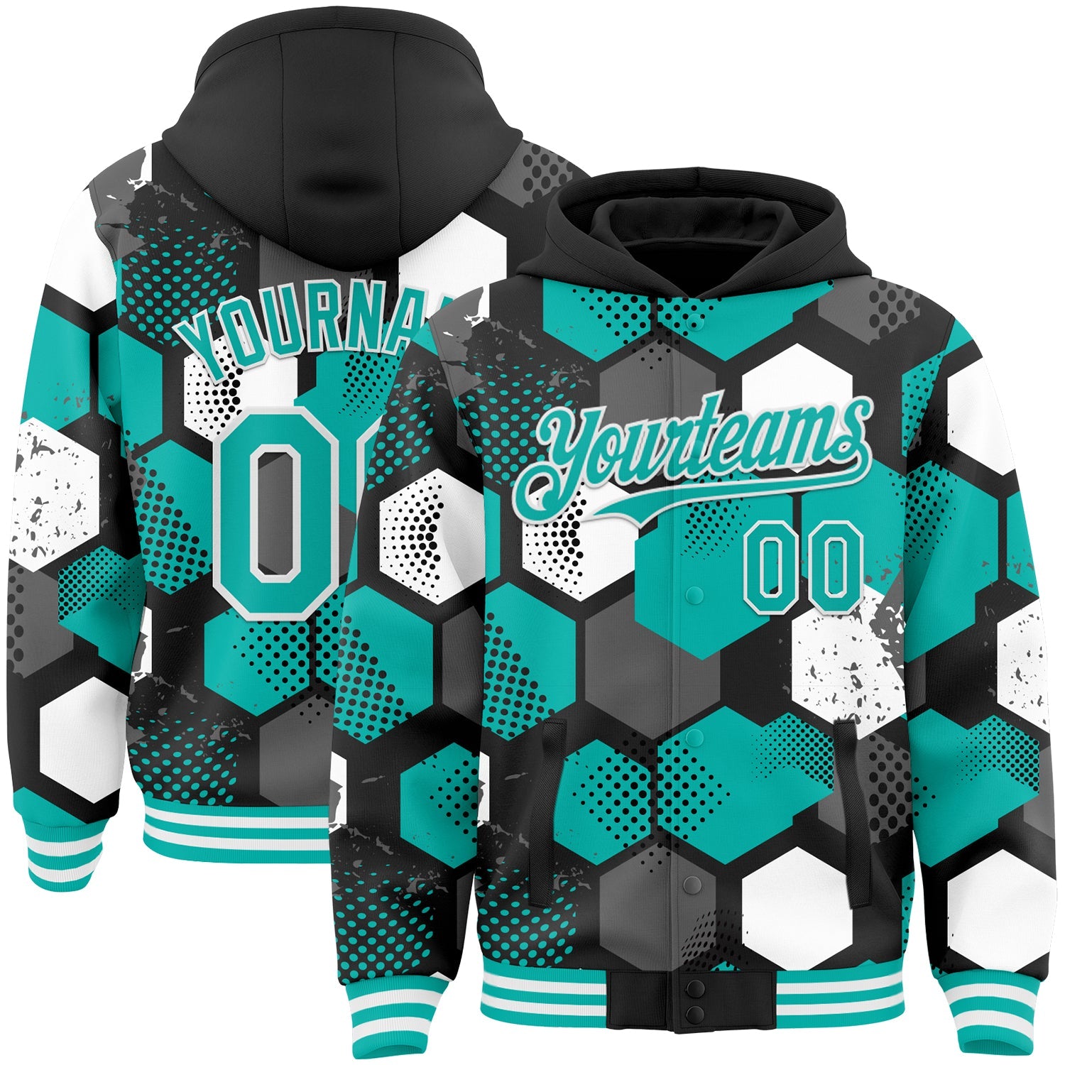 Custom Black Aqua-White Geometric Shape Bomber Full-Snap Varsity Letterman Hoodie Jacket - Main View