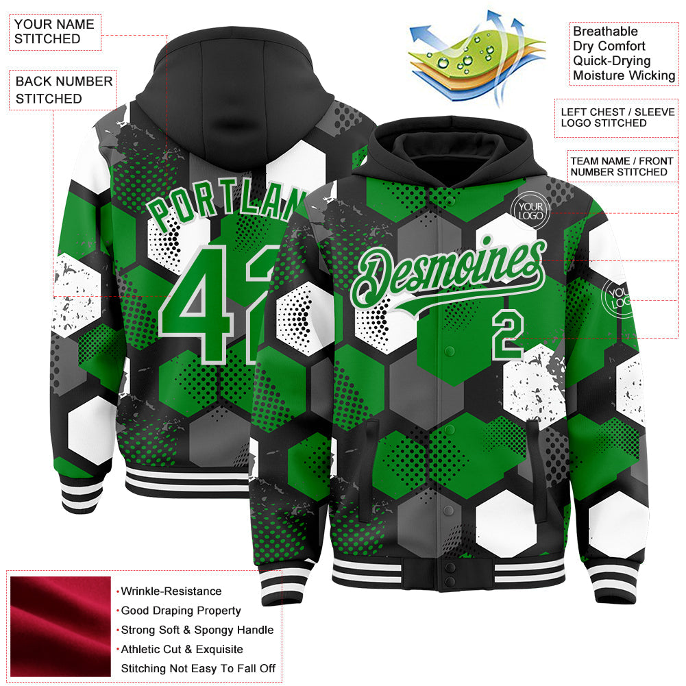 Custom Black Grass Green-White Geometric Shape Bomber Full-Snap Varsity Letterman Hoodie Jacket view 4