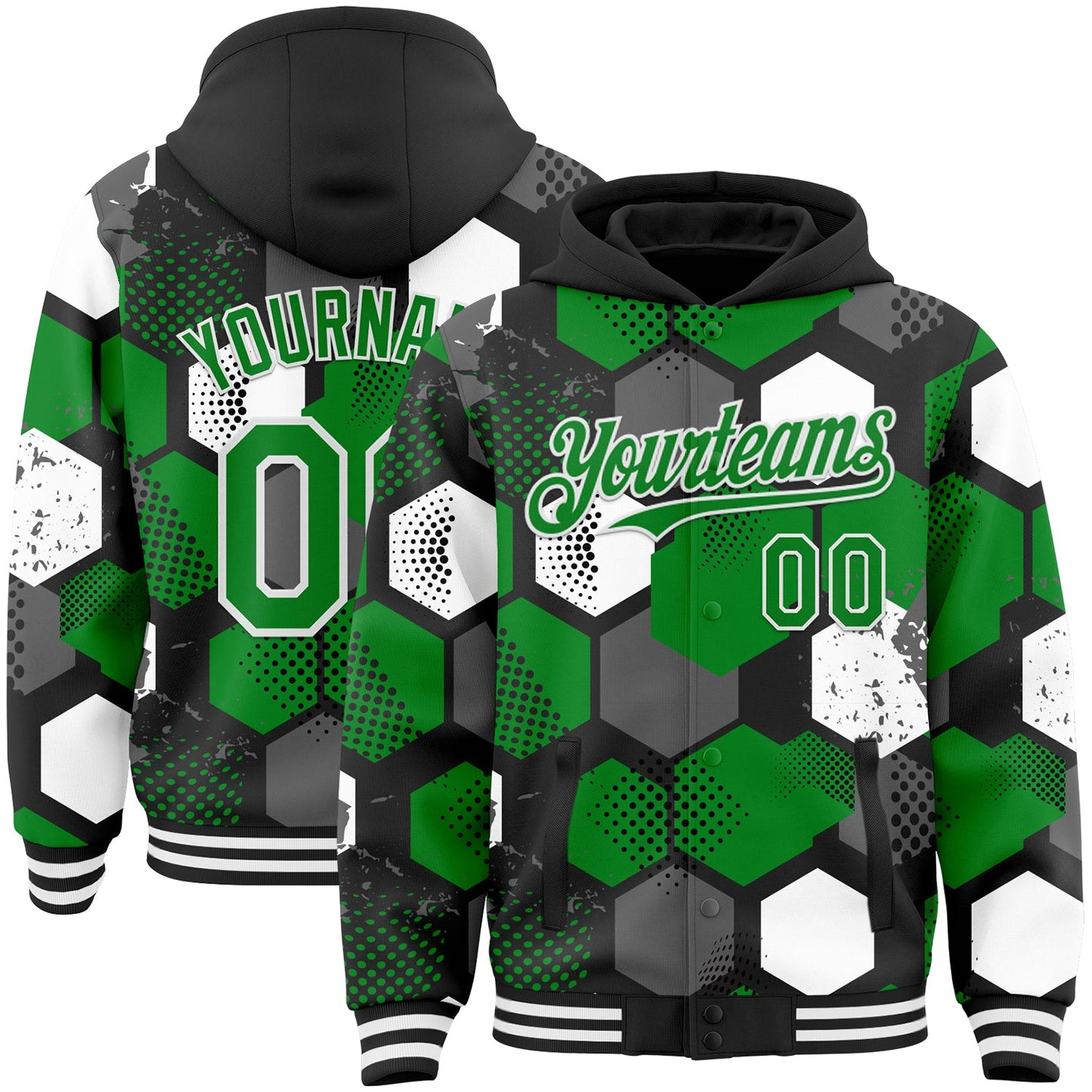 Custom Black Grass Green-White Geometric Shape Bomber Full-Snap Varsity Letterman Hoodie Jacket - Main View