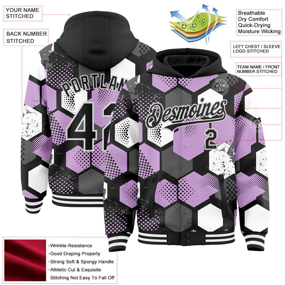 Custom Black Light Purple-White Geometric Shape Bomber Full-Snap Varsity Letterman Hoodie Jacket view 4