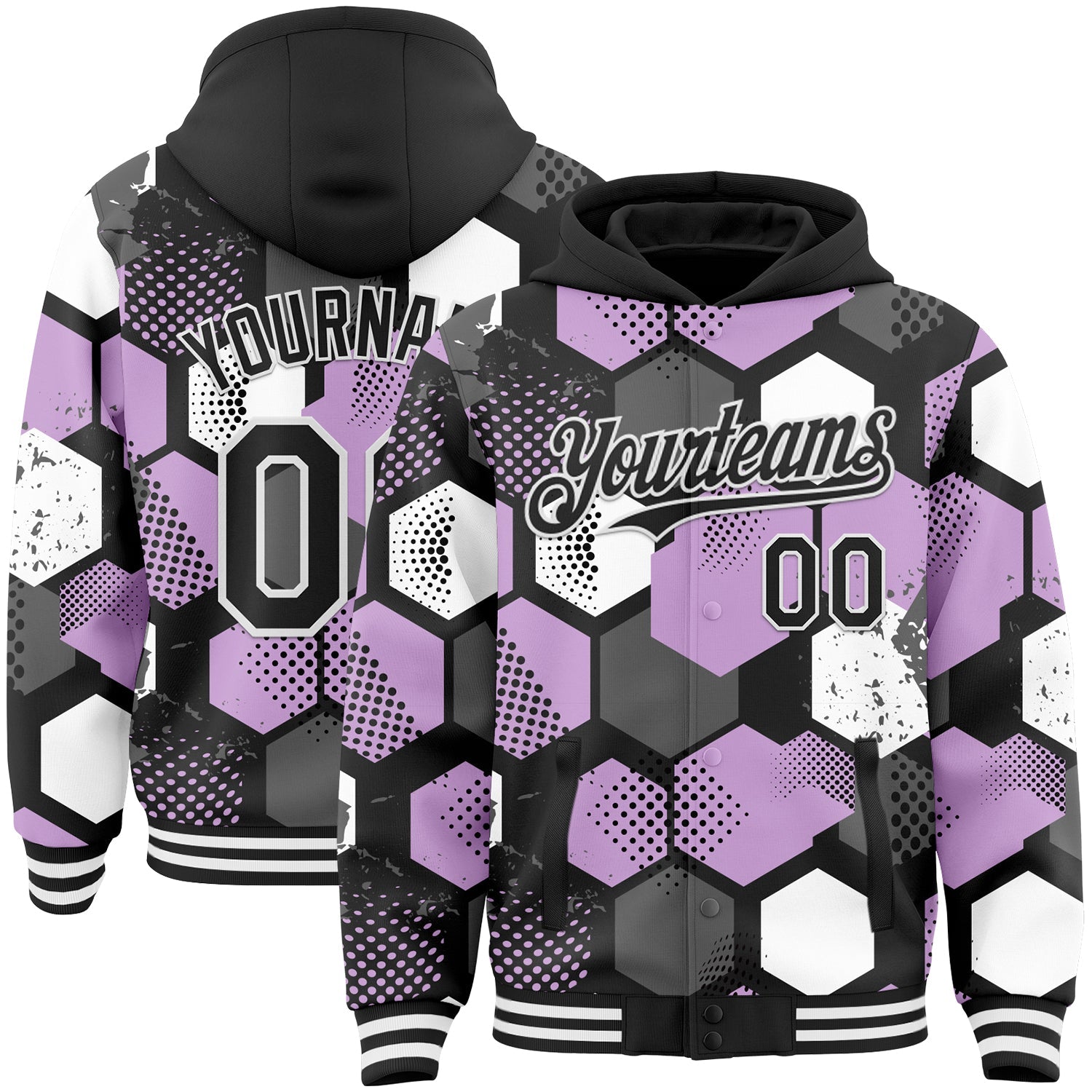 Custom Black Light Purple-White Geometric Shape Bomber Full-Snap Varsity Letterman Hoodie Jacket - Main View