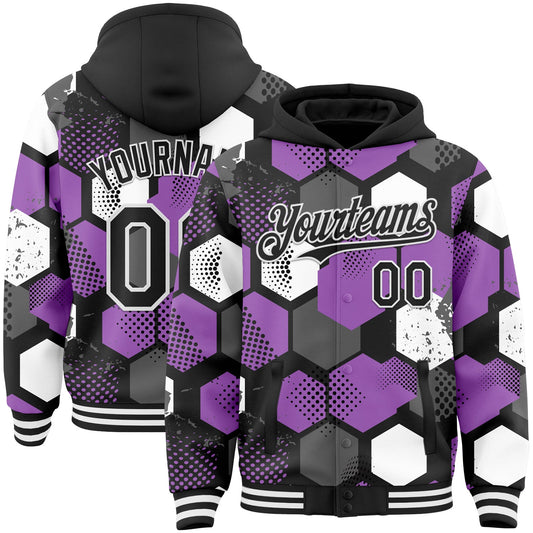 Custom Black Medium Purple-White Geometric Shape Bomber Full-Snap Varsity Letterman Hoodie Jacket - Main View