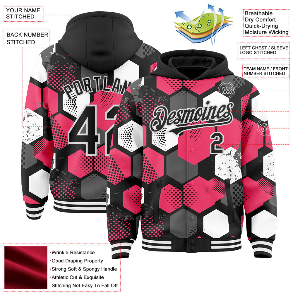 Custom Black Neon Pink-White Geometric Shape Bomber Full-Snap Varsity Letterman Hoodie Jacket view 4