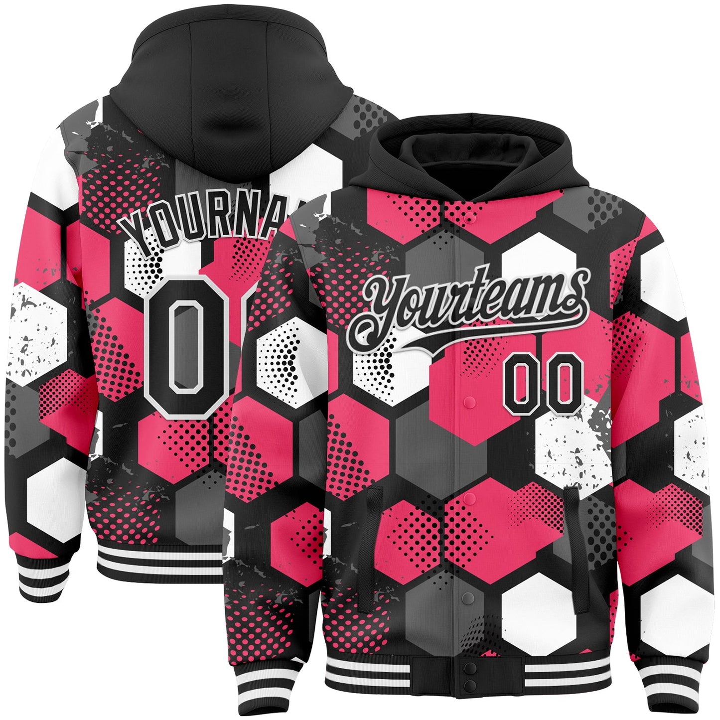 Custom Black Neon Pink-White Geometric Shape Bomber Full-Snap Varsity Letterman Hoodie Jacket - Main View