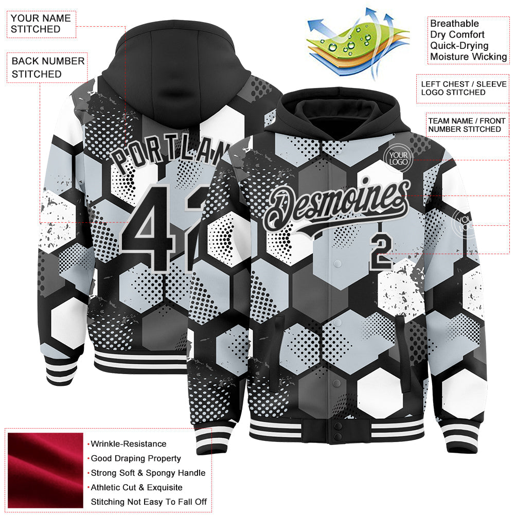 Custom Black Silver-White Geometric Shape Bomber Full-Snap Varsity Letterman Hoodie Jacket view 4