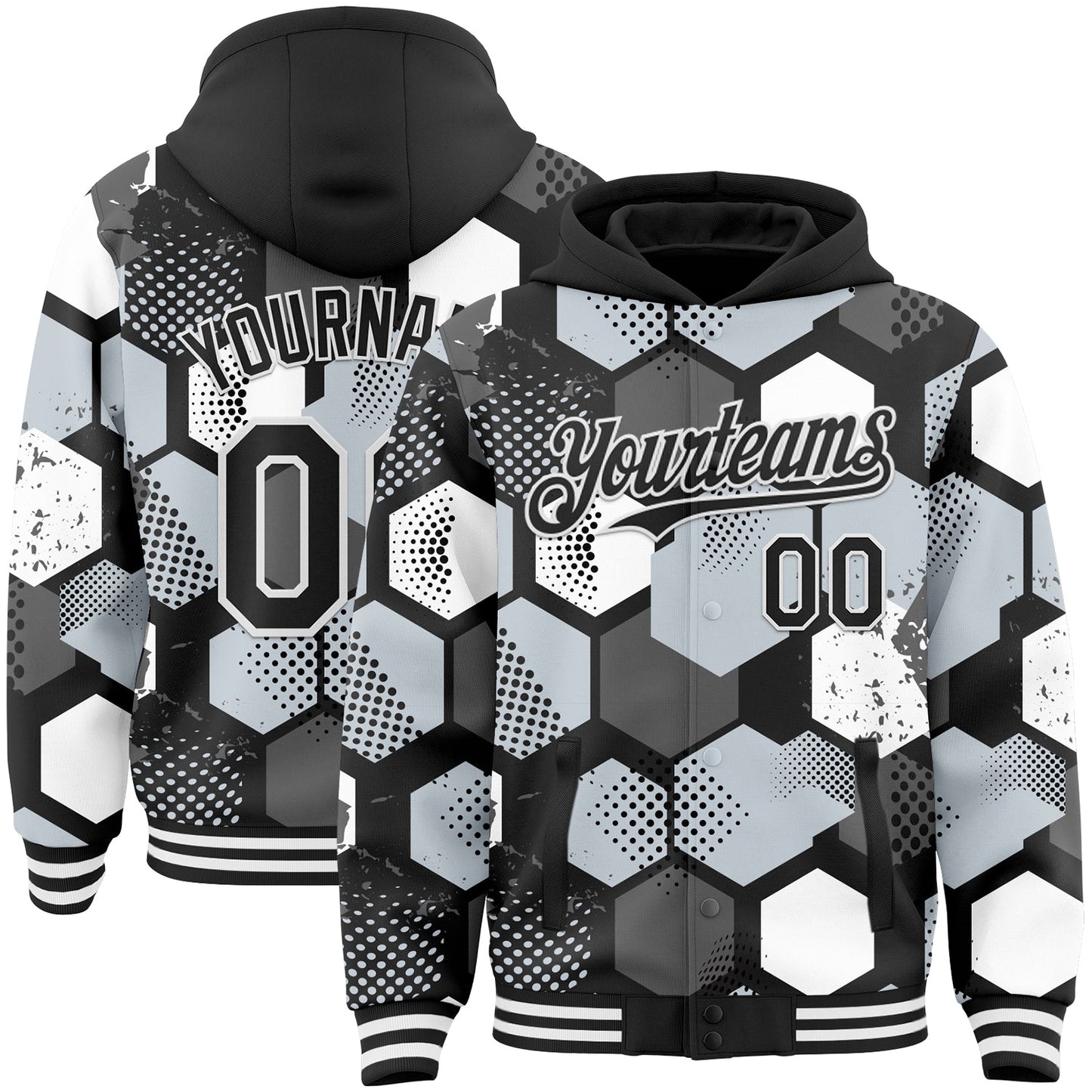 Custom Black Silver-White Geometric Shape Bomber Full-Snap Varsity Letterman Hoodie Jacket - Main View