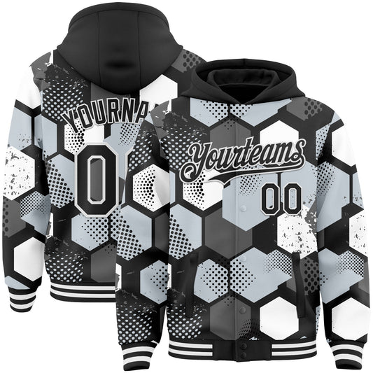Custom Black Silver-White Geometric Shape Bomber Full-Snap Varsity Letterman Hoodie Jacket - Main View