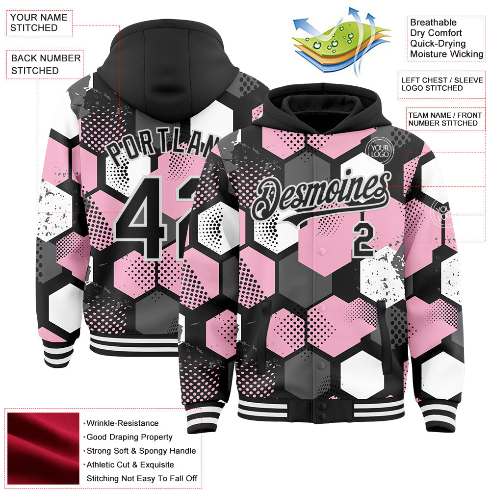 Custom Black Light Pink-White Geometric Shape Bomber Full-Snap Varsity Letterman Hoodie Jacket view 4