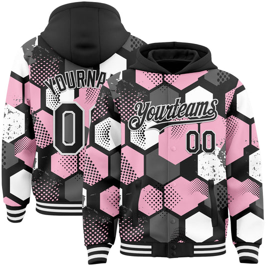 Custom Black Light Pink-White Geometric Shape Bomber Full-Snap Varsity Letterman Hoodie Jacket - Main View