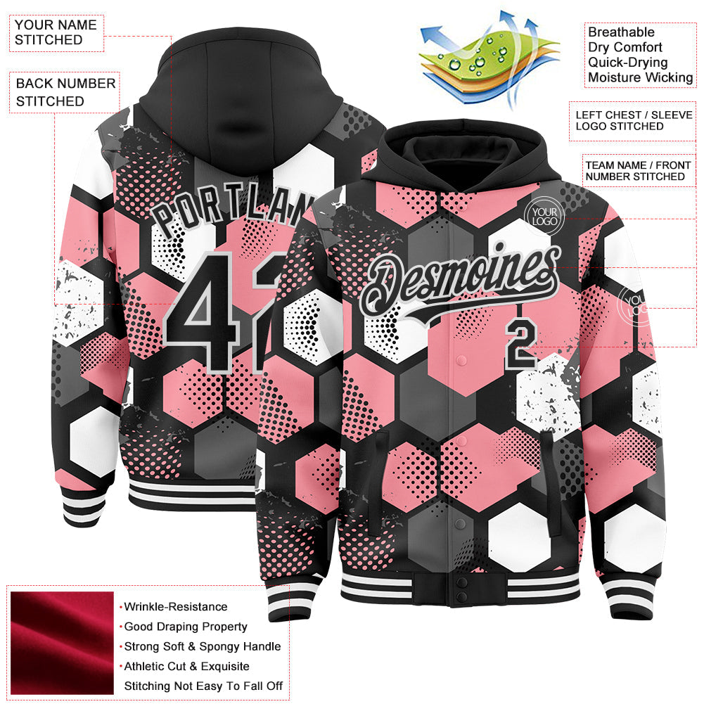 Custom Black Medium Pink-White Geometric Shape Bomber Full-Snap Varsity Letterman Hoodie Jacket view 4