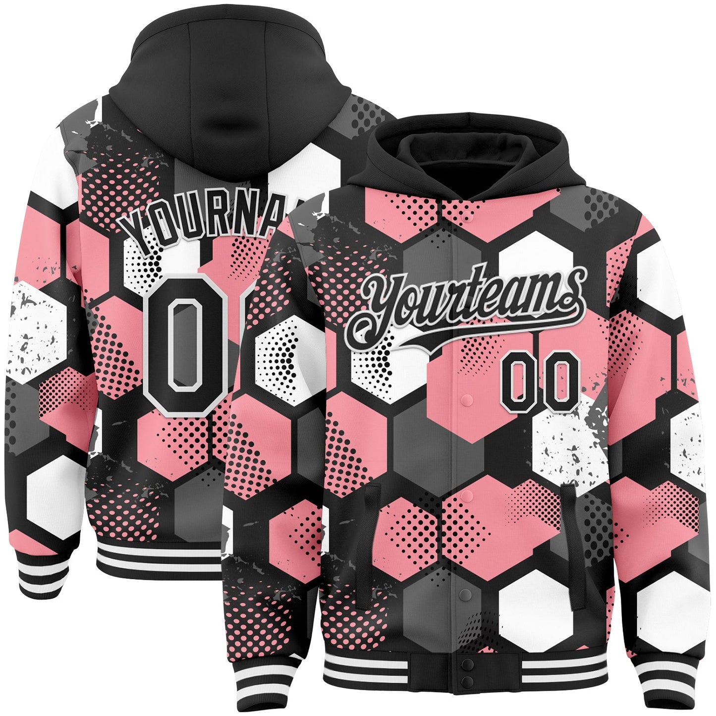 Custom Black Medium Pink-White Geometric Shape Bomber Full-Snap Varsity Letterman Hoodie Jacket - Main View