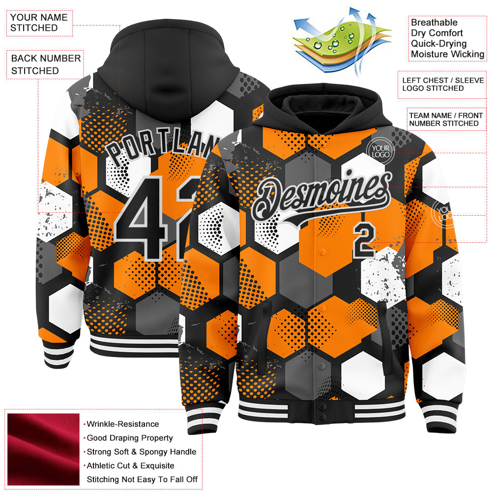 Custom Black Bay Orange-White Geometric Shape Bomber Full-Snap Varsity Letterman Hoodie Jacket view 4