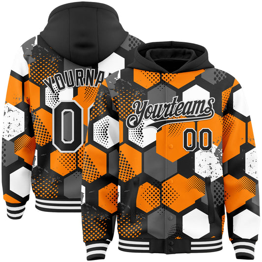 Custom Black Bay Orange-White Geometric Shape Bomber Full-Snap Varsity Letterman Hoodie Jacket - Main View