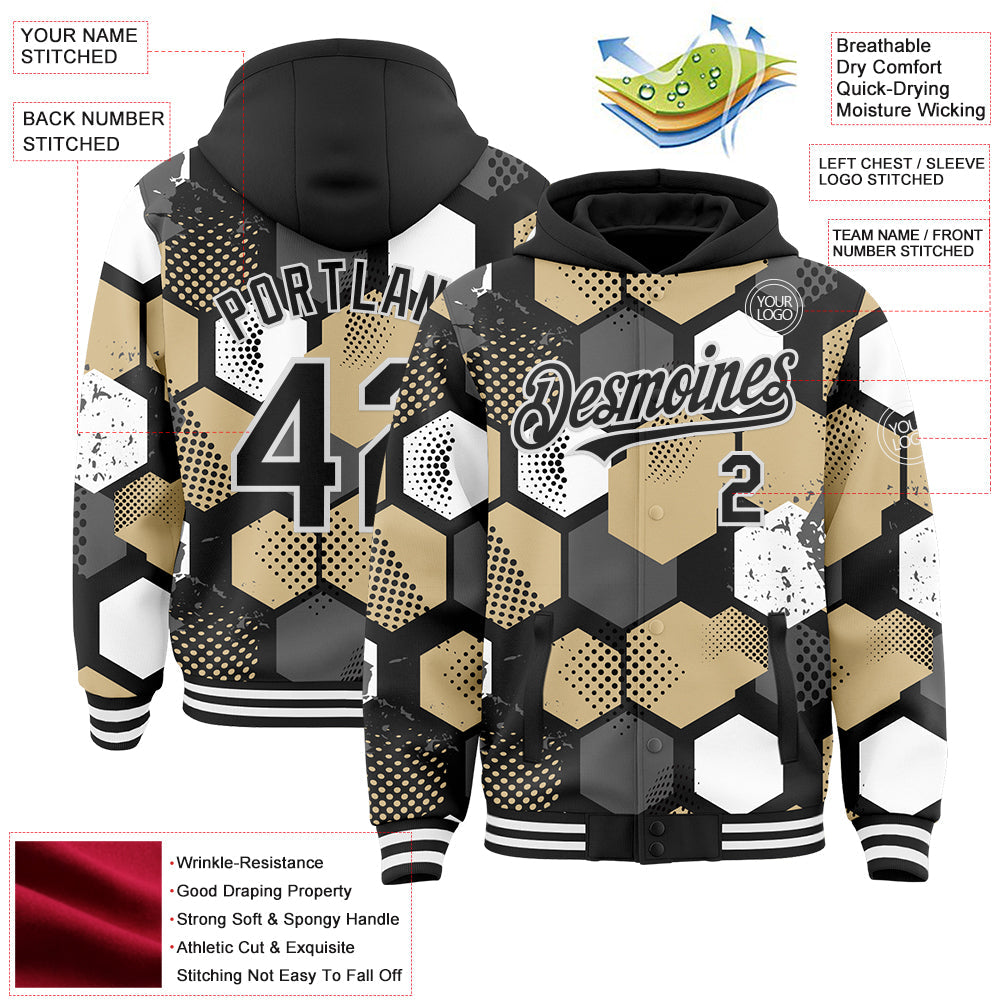 Custom Black Vegas Gold-White Geometric Shape Bomber Full-Snap Varsity Letterman Hoodie Jacket view 4