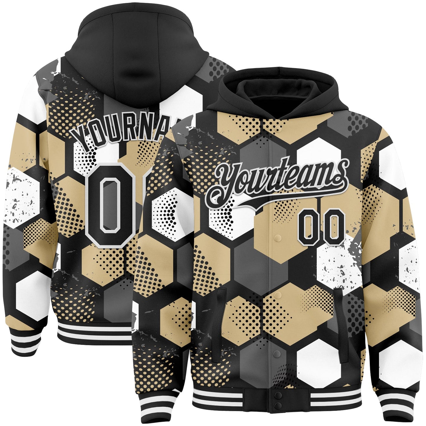 Custom Black Vegas Gold-White Geometric Shape Bomber Full-Snap Varsity Letterman Hoodie Jacket - Main View
