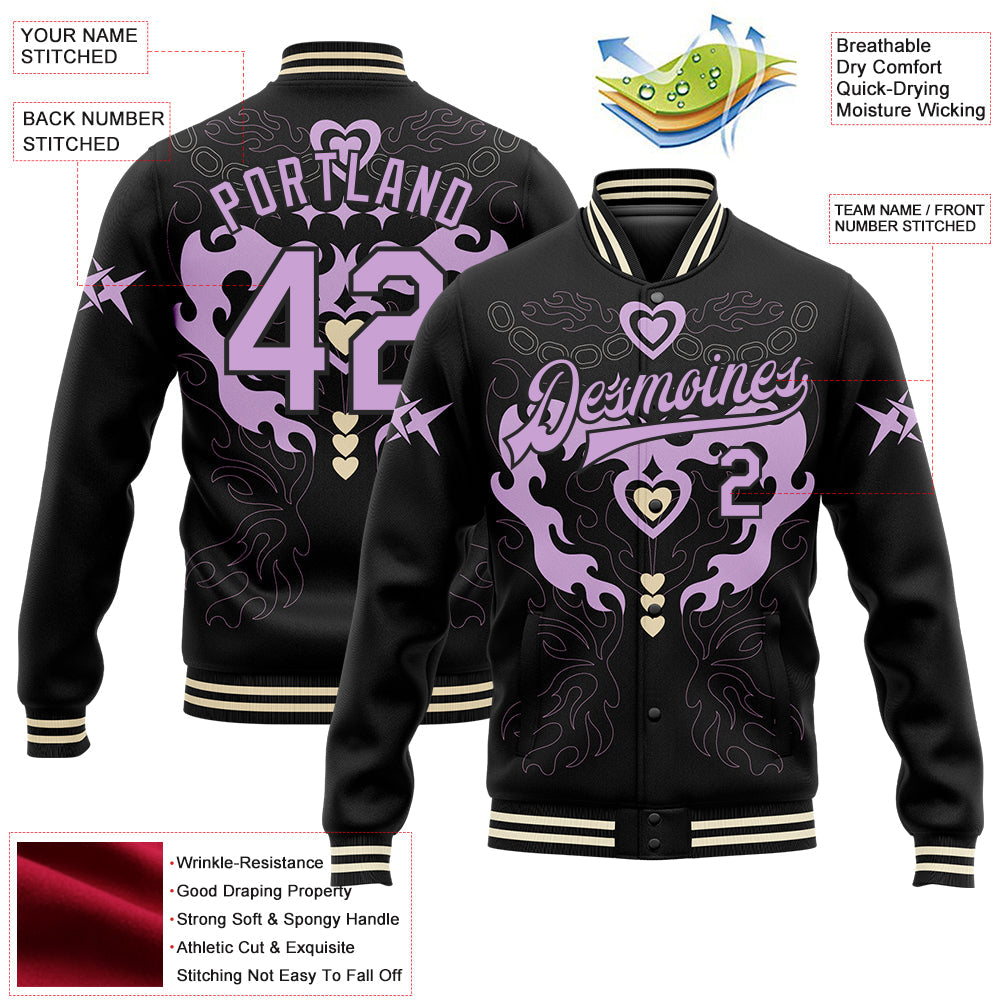 Custom Black Light Purple-Cream Gothic Y2K Bomber Full-Snap Varsity Letterman Jacket view 4