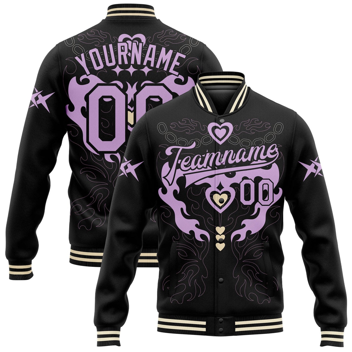 Custom Black Light Purple-Cream Gothic Y2K Bomber Full-Snap Varsity Letterman Jacket - Main View