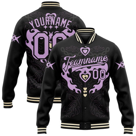 Custom Black Light Purple-Cream Gothic Y2K Bomber Full-Snap Varsity Letterman Jacket - Main View