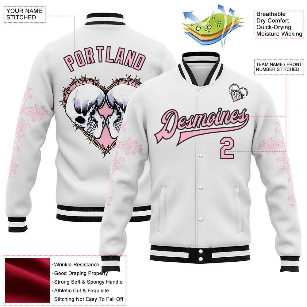 Custom White Light Pink-Black Gothic Crosses Skull Bomber Full-Snap Varsity Letterman Jacket view 4