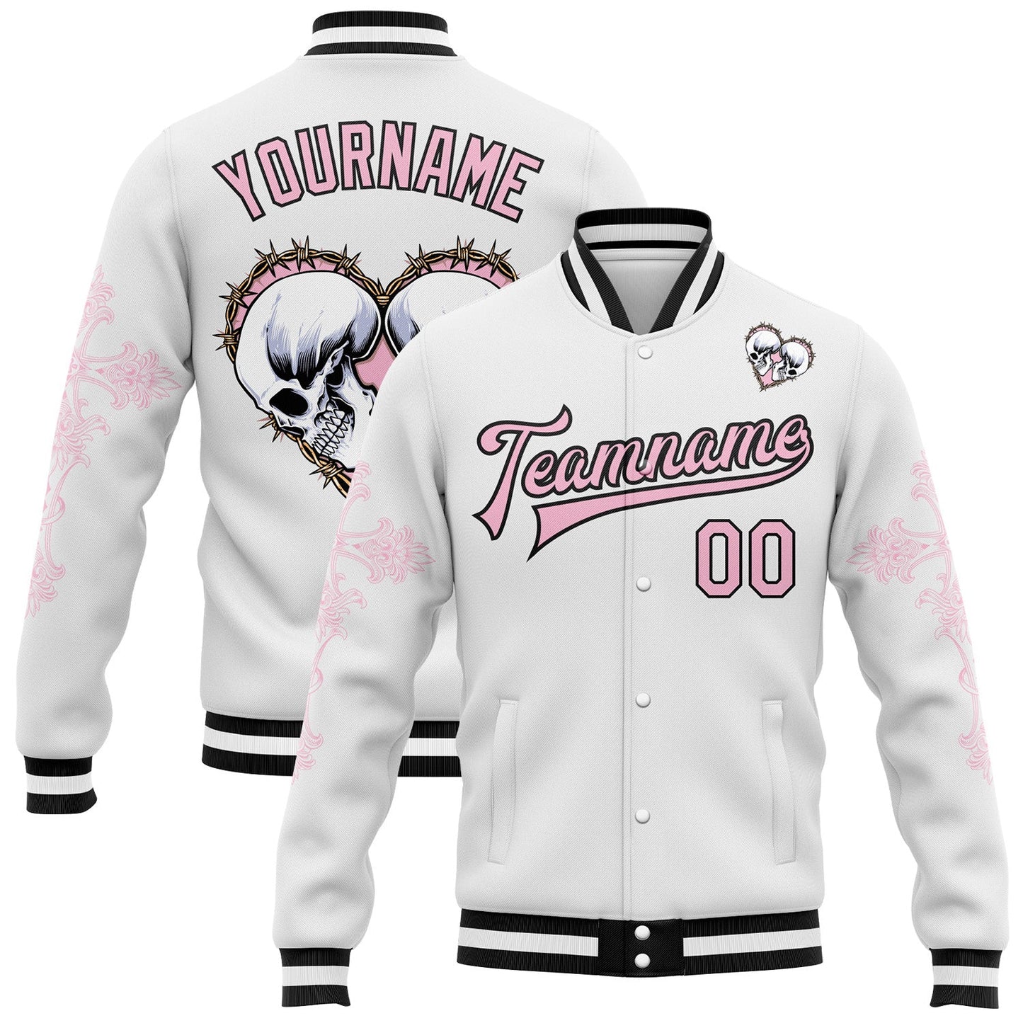 Custom White Light Pink-Black Gothic Crosses Skull Bomber Full-Snap Varsity Letterman Jacket - Main View