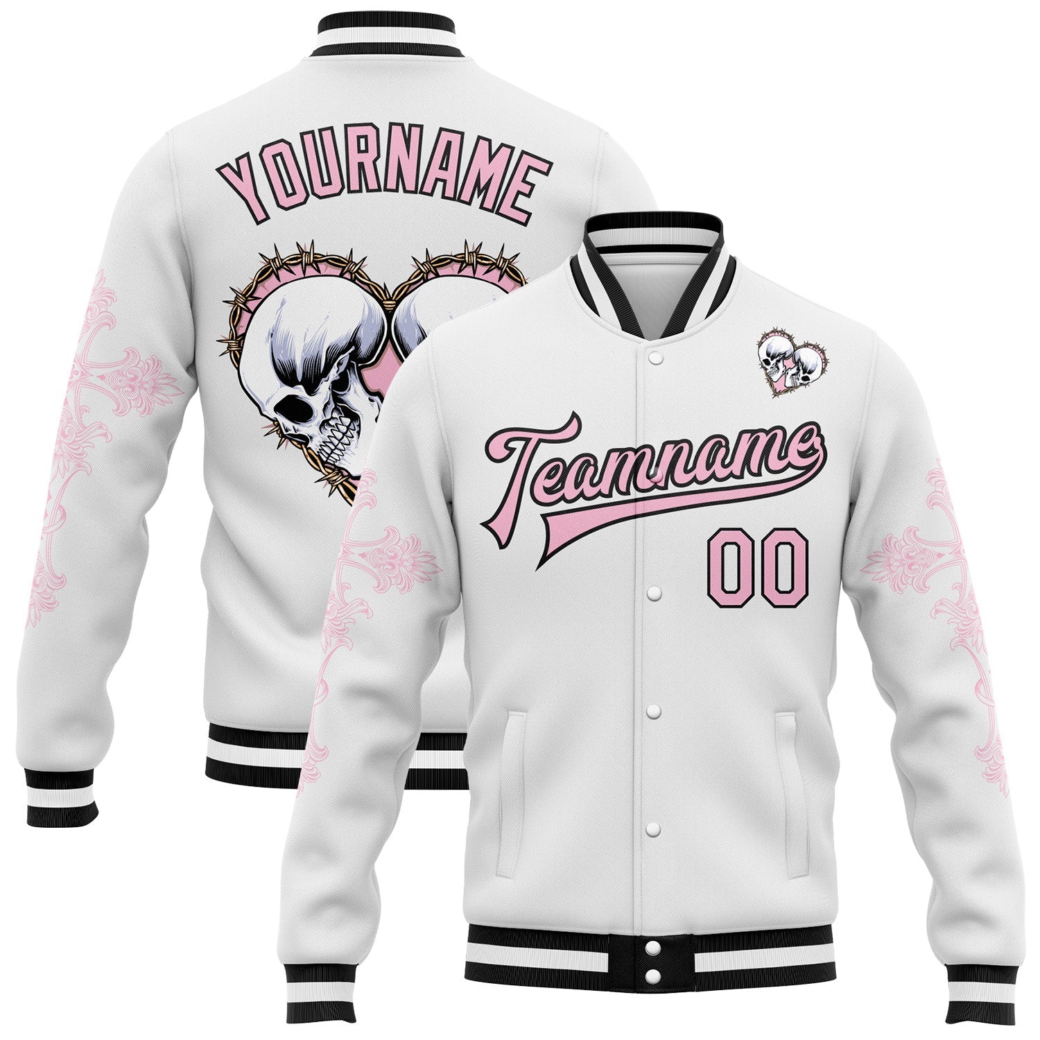 Custom White Light Pink-Black Gothic Crosses Skull Bomber Full-Snap Varsity Letterman Jacket - Main View