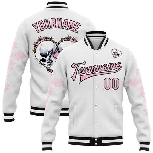 Custom White Light Pink-Black Gothic Crosses Skull Bomber Full-Snap Varsity Letterman Jacket - Main View