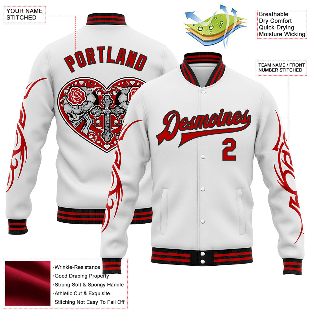 Custom White Red-Black Gothic Skull Bomber Full-Snap Varsity Letterman Jacket view 4
