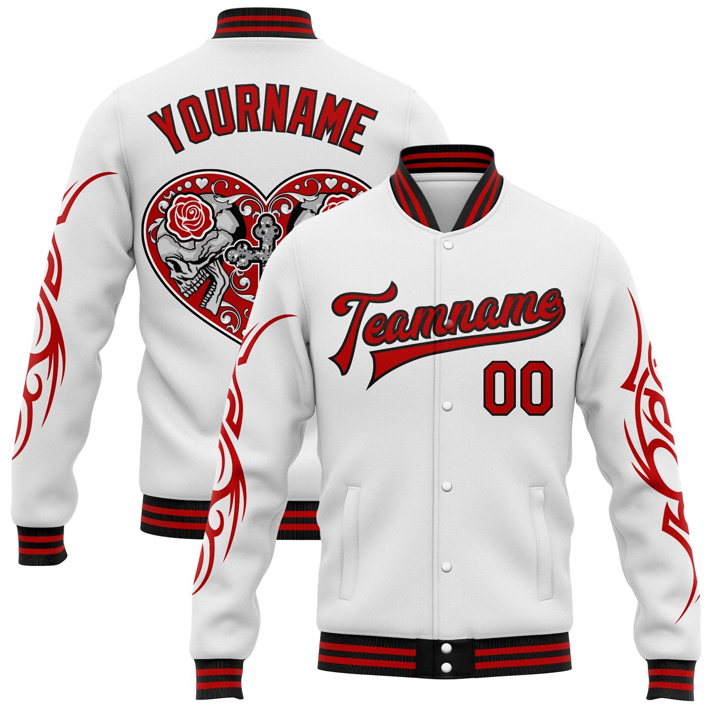 Custom White Red-Black Gothic Skull Bomber Full-Snap Varsity Letterman Jacket - Main View