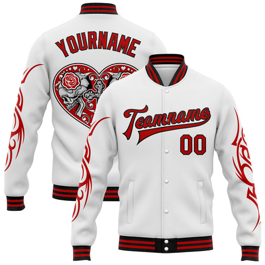 Custom White Red-Black Gothic Skull Bomber Full-Snap Varsity Letterman Jacket - Main View