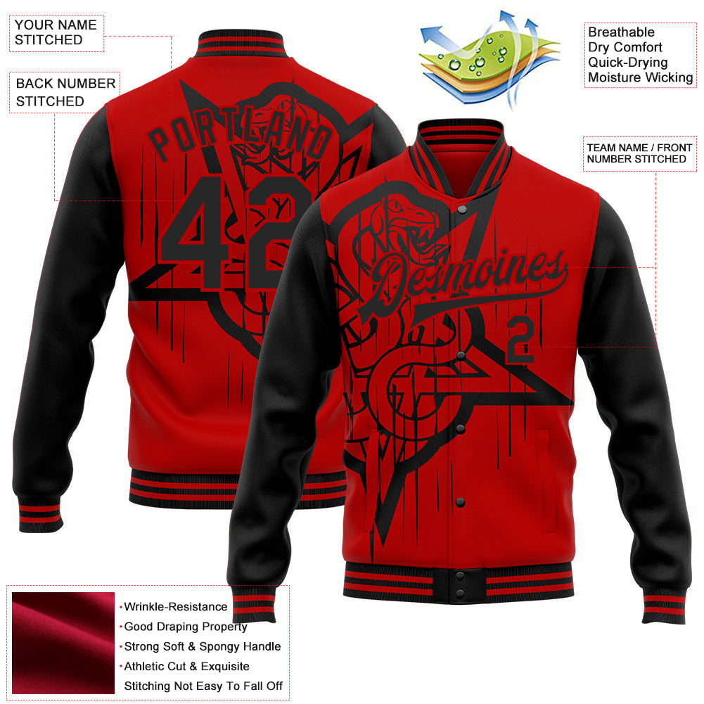 Custom Red Black Gothic Snake Grunge Bomber Full-Snap Varsity Letterman Jacket view 4