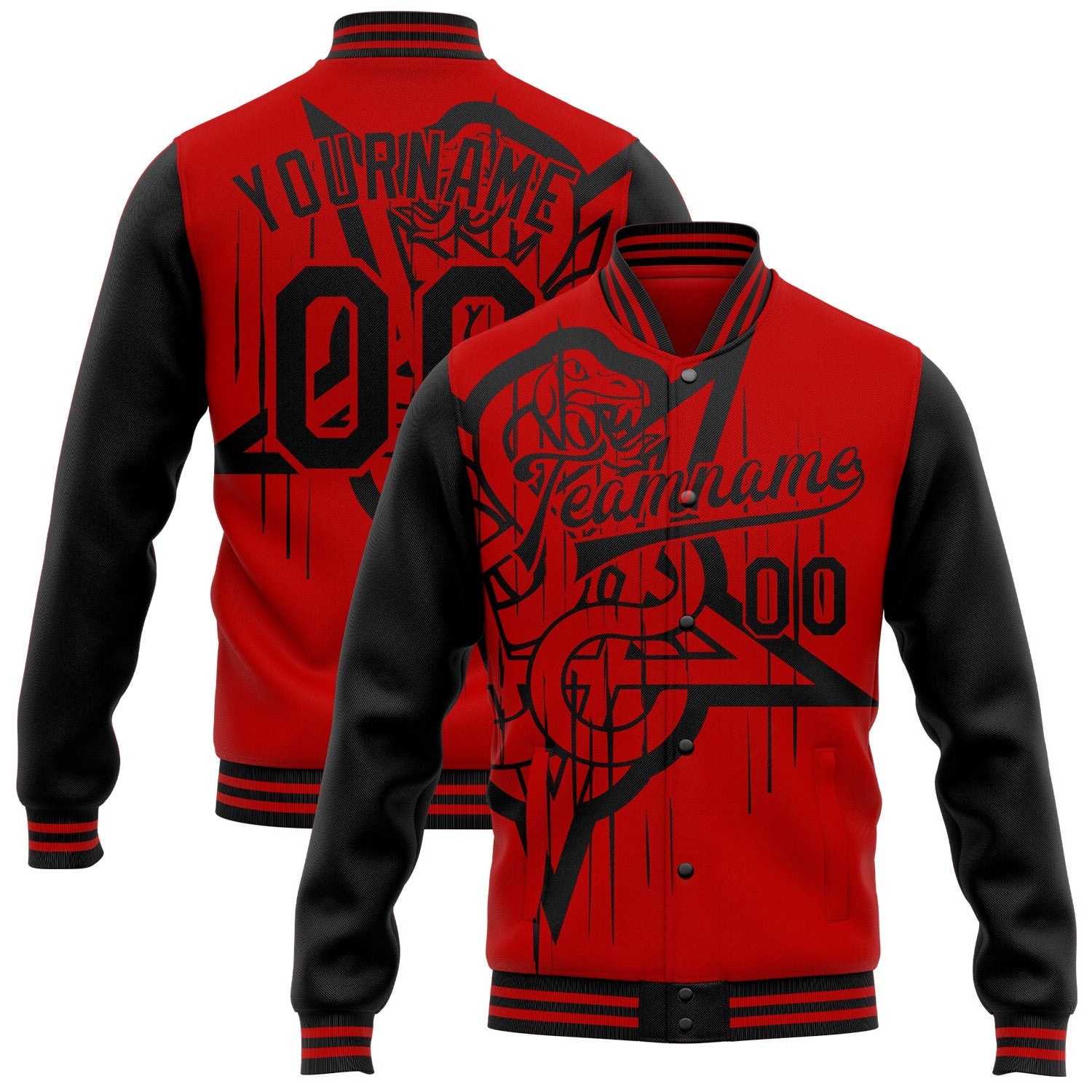 Custom Red Black Gothic Snake Grunge Bomber Full-Snap Varsity Letterman Jacket - Main View