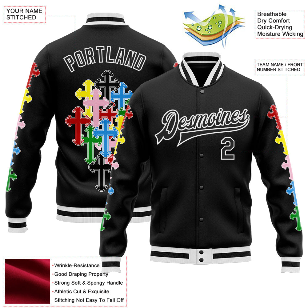 Custom Black White Gothic Chromatic Crosses Bomber Full-Snap Varsity Letterman Jacket view 4