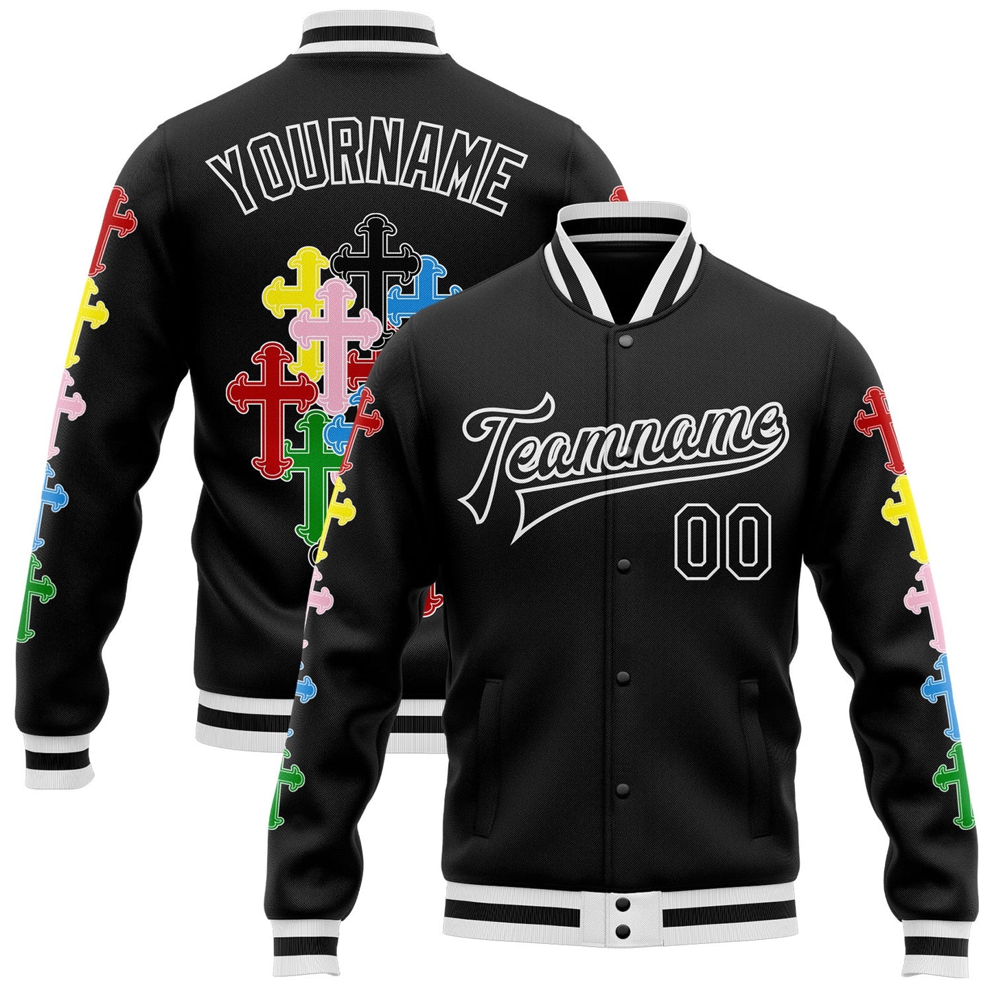 Custom Black White Gothic Chromatic Crosses Bomber Full-Snap Varsity Letterman Jacket - Main View