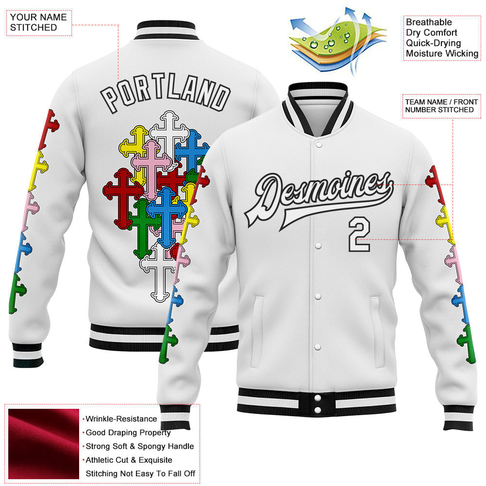 Custom White Black Gothic Chromatic Crosses Bomber Full-Snap Varsity Letterman Jacket view 4