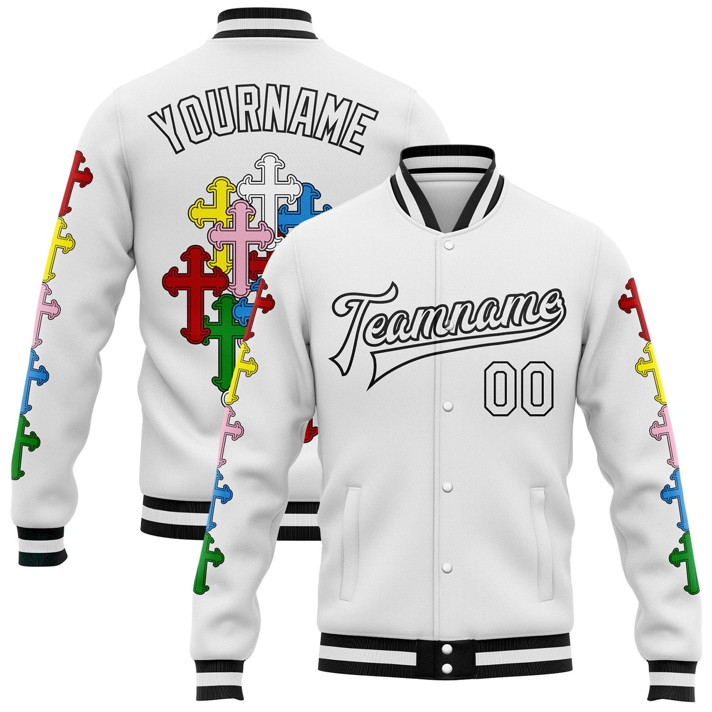 Custom White Black Gothic Chromatic Crosses Bomber Full-Snap Varsity Letterman Jacket - Main View