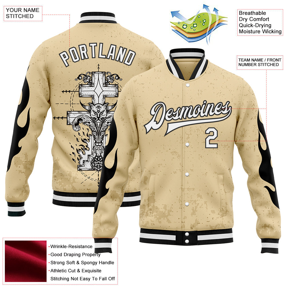 Custom City Cream White-Black Gothic Flame Cross Grunge Bomber Full-Snap Varsity Letterman Jacket view 4