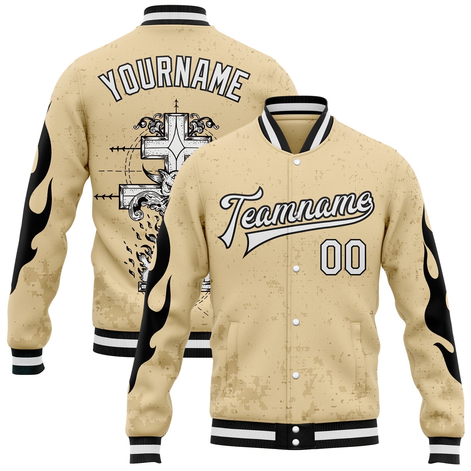 Custom City Cream White-Black Gothic Flame Cross Grunge Bomber Full-Snap Varsity Letterman Jacket - Main View