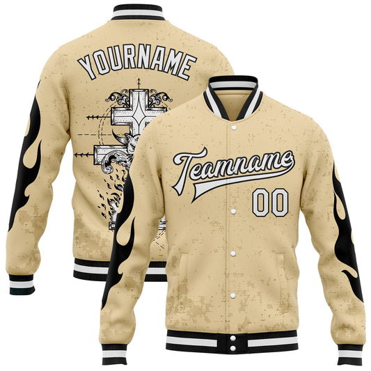 Custom City Cream White-Black Gothic Flame Cross Grunge Bomber Full-Snap Varsity Letterman Jacket - Main View