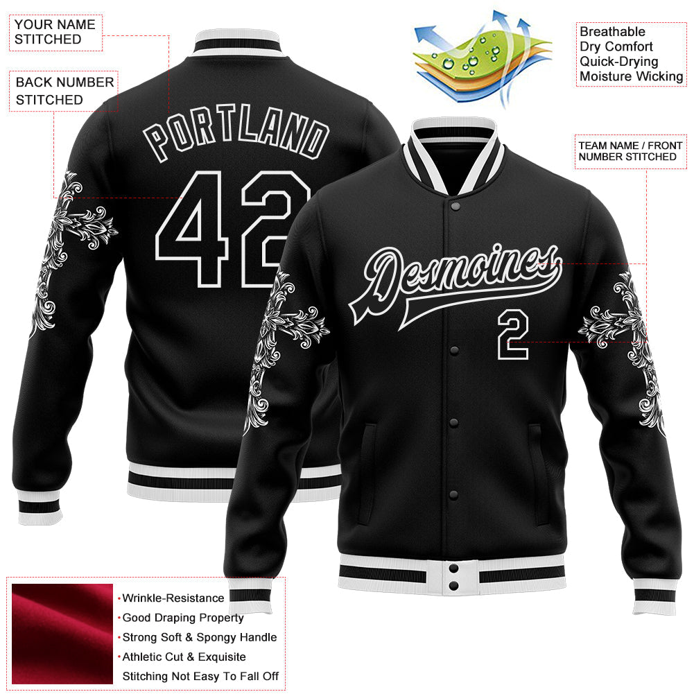 Custom Black White Gothic Crosses Bomber Full-Snap Varsity Letterman Jacket view 4
