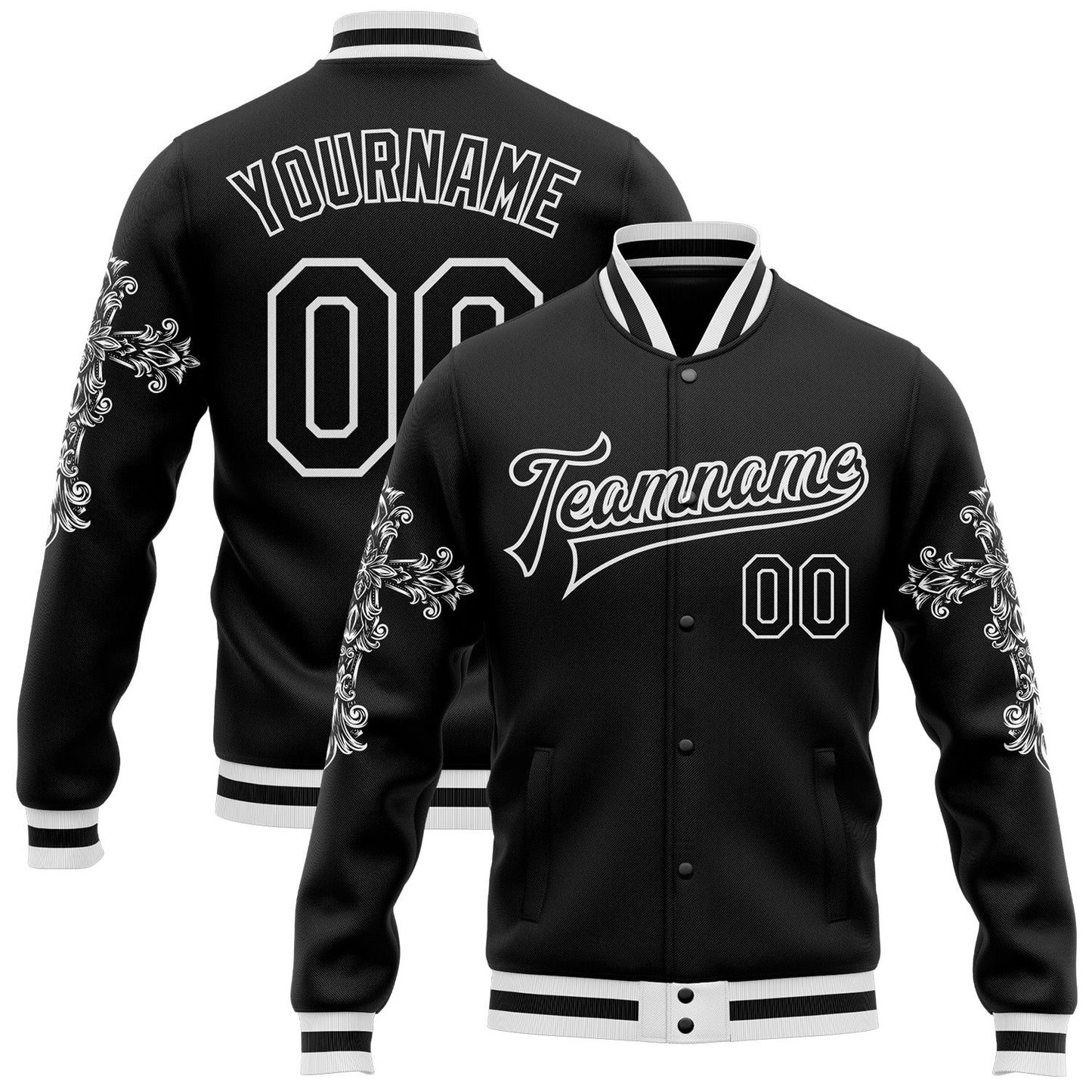 Custom Black White Gothic Crosses Bomber Full-Snap Varsity Letterman Jacket - Main View