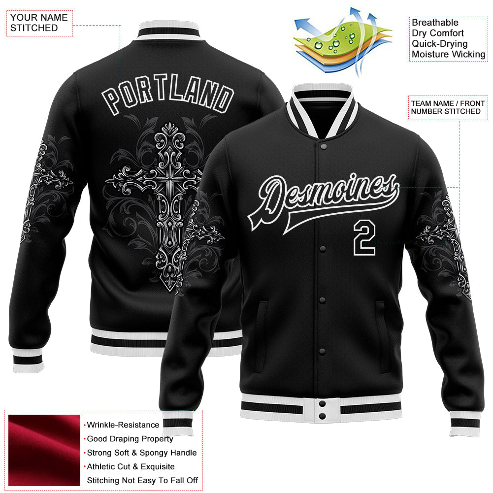 Custom Black White Gothic Crosses Bomber Full-Snap Varsity Letterman Jacket view 4
