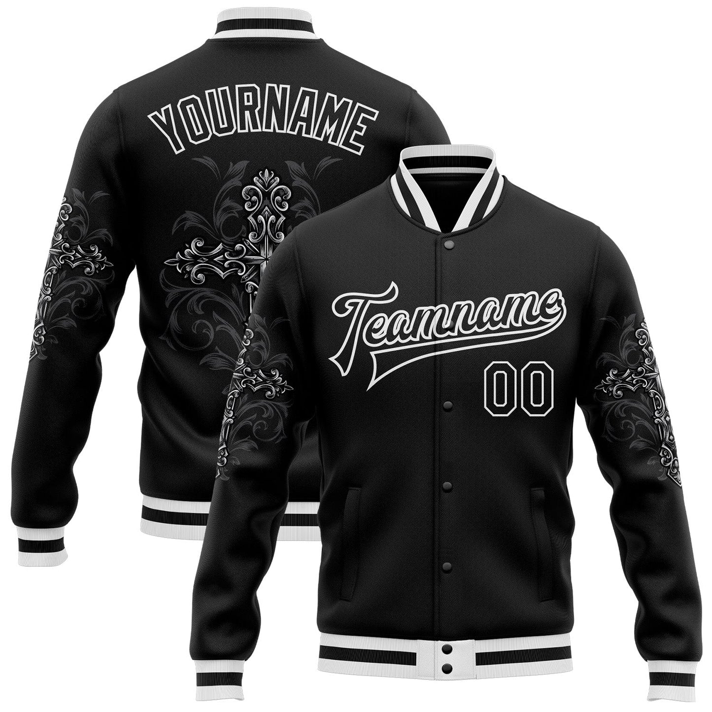 Custom Black White Gothic Crosses Bomber Full-Snap Varsity Letterman Jacket - Main View
