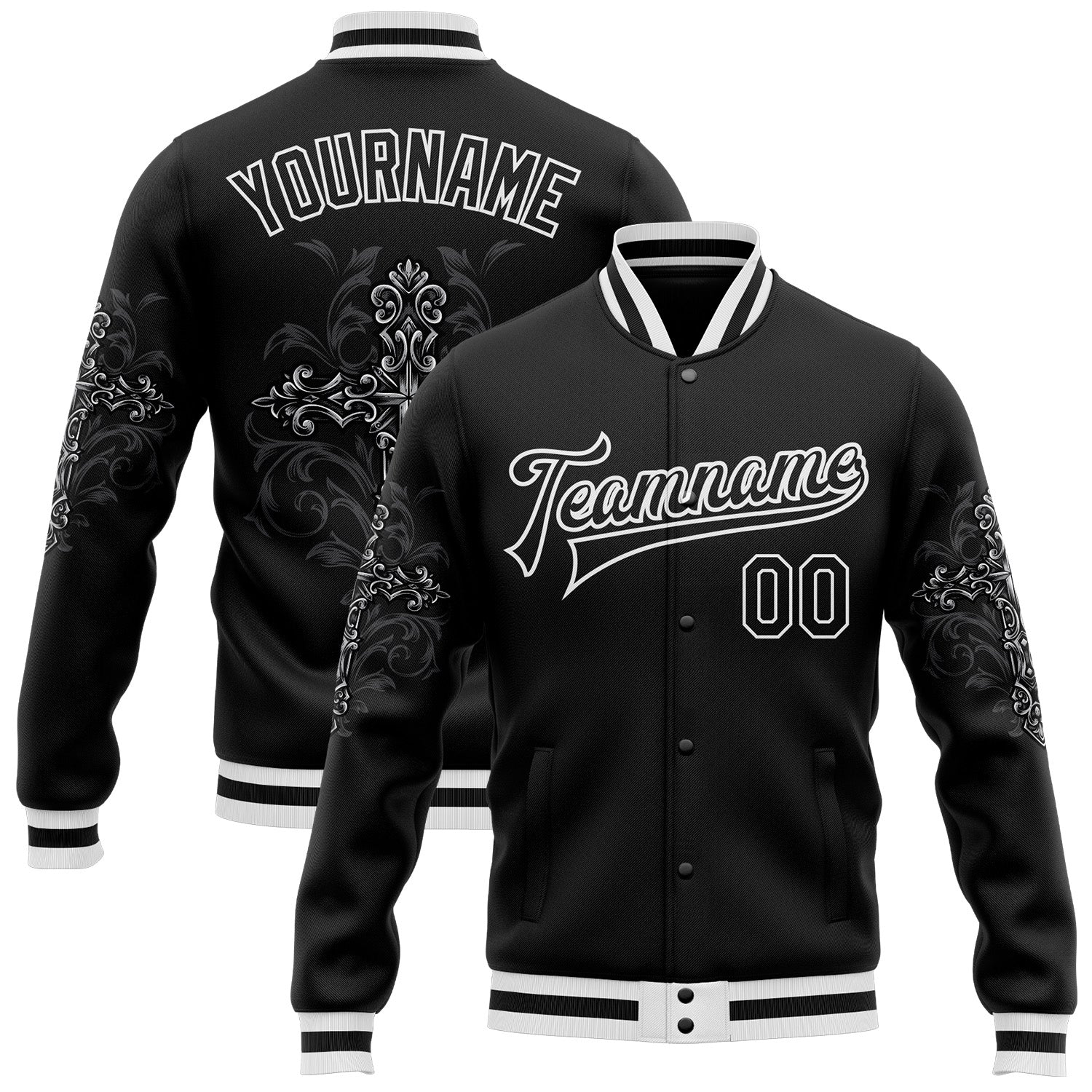 Custom Black White Gothic Crosses Bomber Full-Snap Varsity Letterman Jacket - Main View